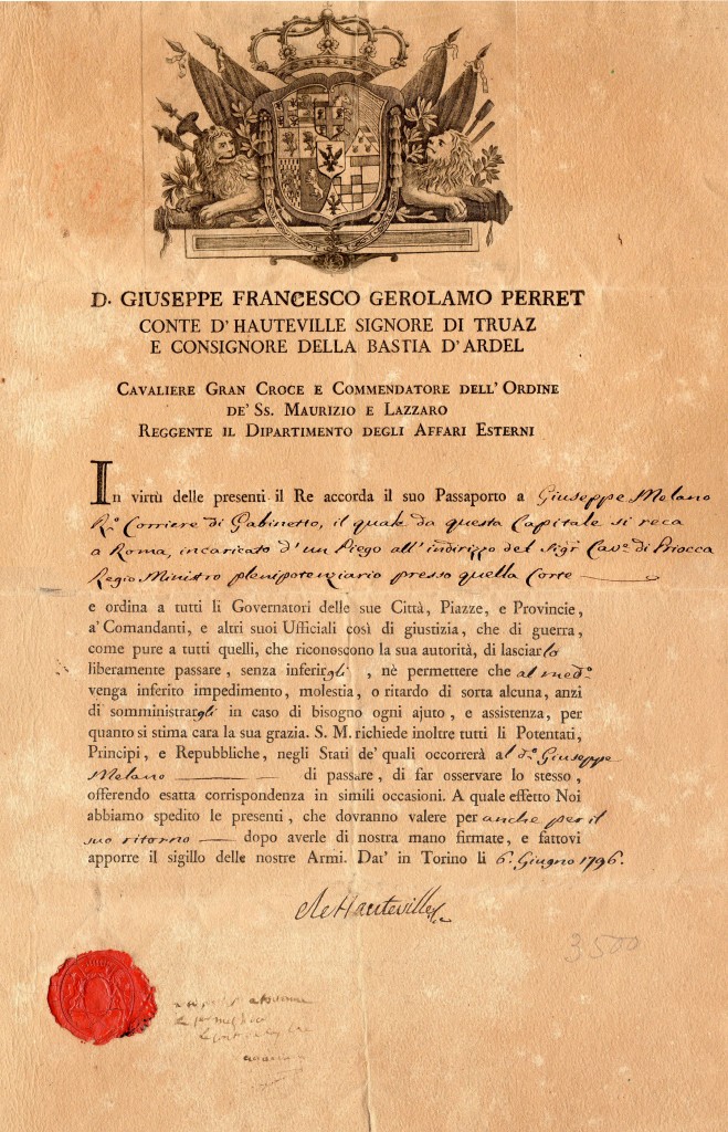 1796 Torino ril un Giuseppe melasso Regio Corriere di Gabinetto, il Che SI RECA a Roma x Aggari di Stato