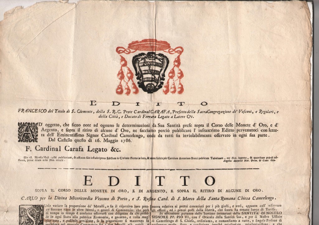 1786 Bando sulla Monetazione Oro e Argento ril a Roma Stato Pontificio x Ferrara