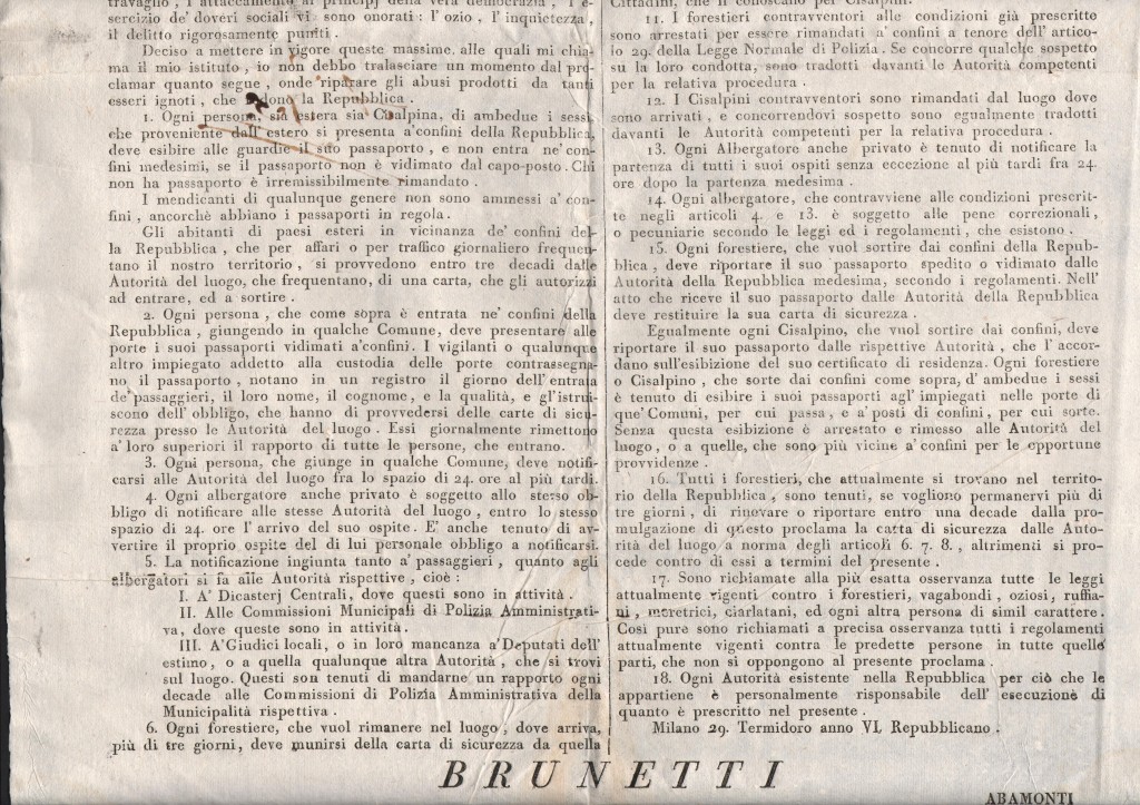1798 Repubblica Cisalpina ril a Milano (2) Bando sui Passaporti e Stranieri