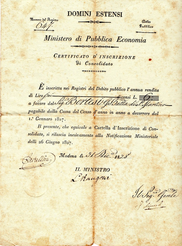 1828 Domini Estensi Debito Pubblico Modena
