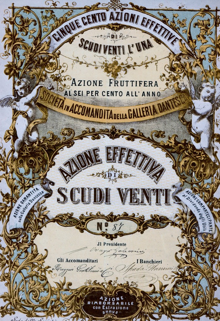 Soc. In Accomandita della Galleria Dantesca az da 20 scudi Roma 1866
