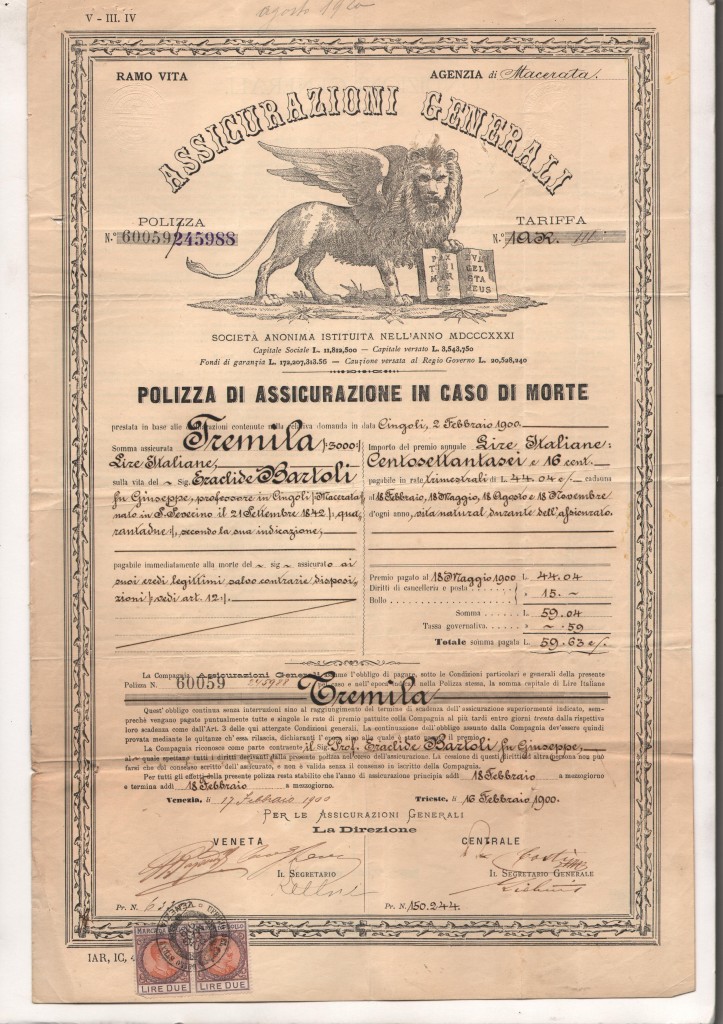 1900 Polizza Assicurazione Generali rilasciata a Venezia Polizza sulla vita in caso di morte