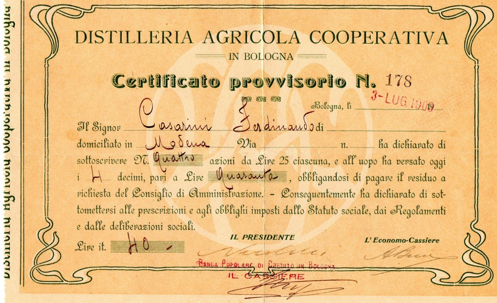 1909 Distilleria Agricola Cooperativa Bologna