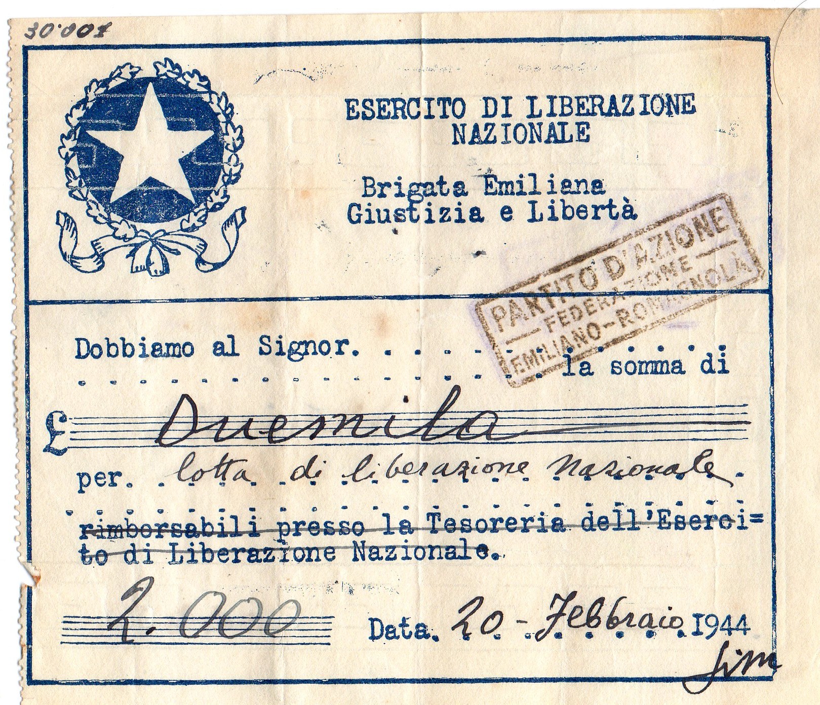 1944Sottoscrizione Buon Esercito di Liberazione Nazionale'' Brigata Emiliana Giustizia e Liberta'' '- Partito d'Azione Brigata Emiliana - Giustizia e Liberta' da L.2000