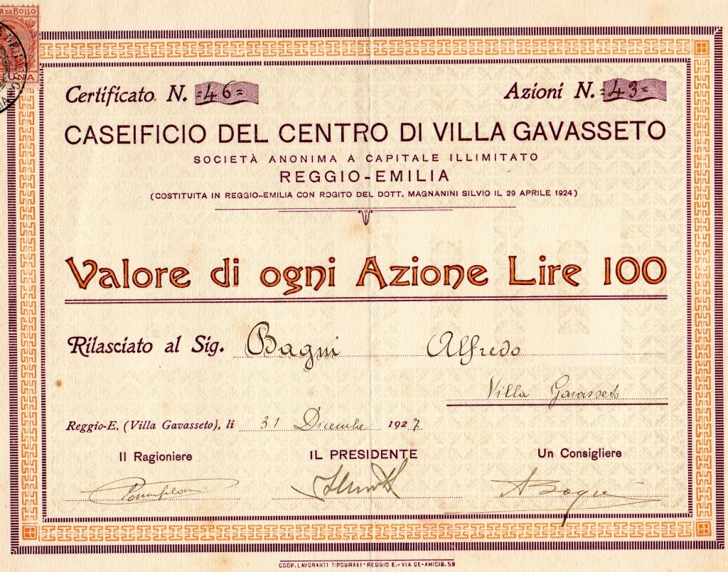1947 Caseificio di Villa Gavassetto Reggio Emilia da l. 100