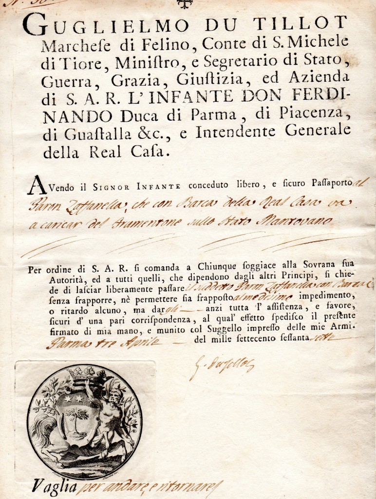 1777- Guiglielmo du Tilliot Parma Passport