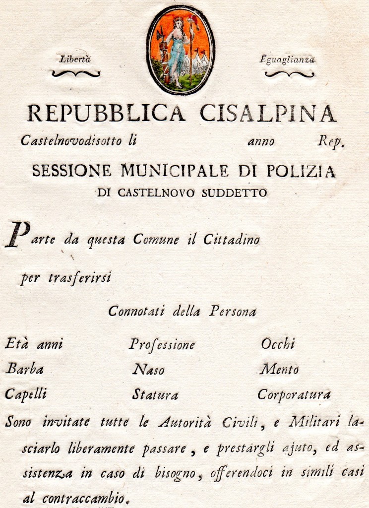 1797 Modulo Passaporto Repubblica Cisalpina
