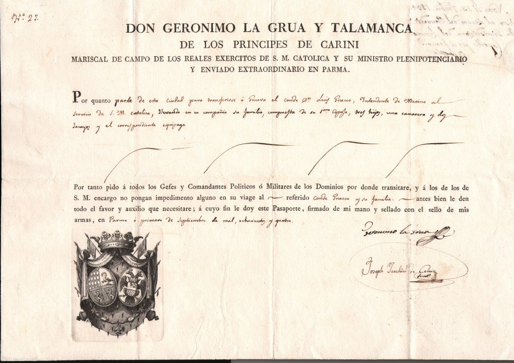 1804 Don Geronimo la GruiaY Talamanca delos Principes de Carini Dato in Parma tmbro al retro Rep Ligure