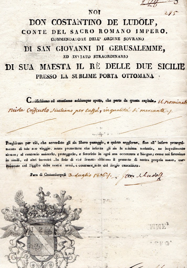 1806-Noi Don Costantino De Ludolf Passport issuade Costantinopoli---Roi Two Sicilie