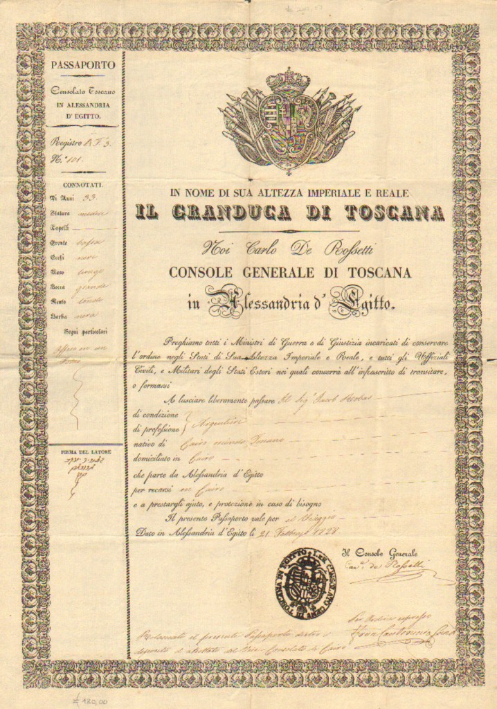 1828 Consulat Toskana Alessandria D'Egitto