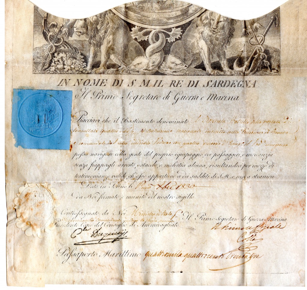 1830- Turin Passport Maritme Sua Majestat Roi de Sardegna