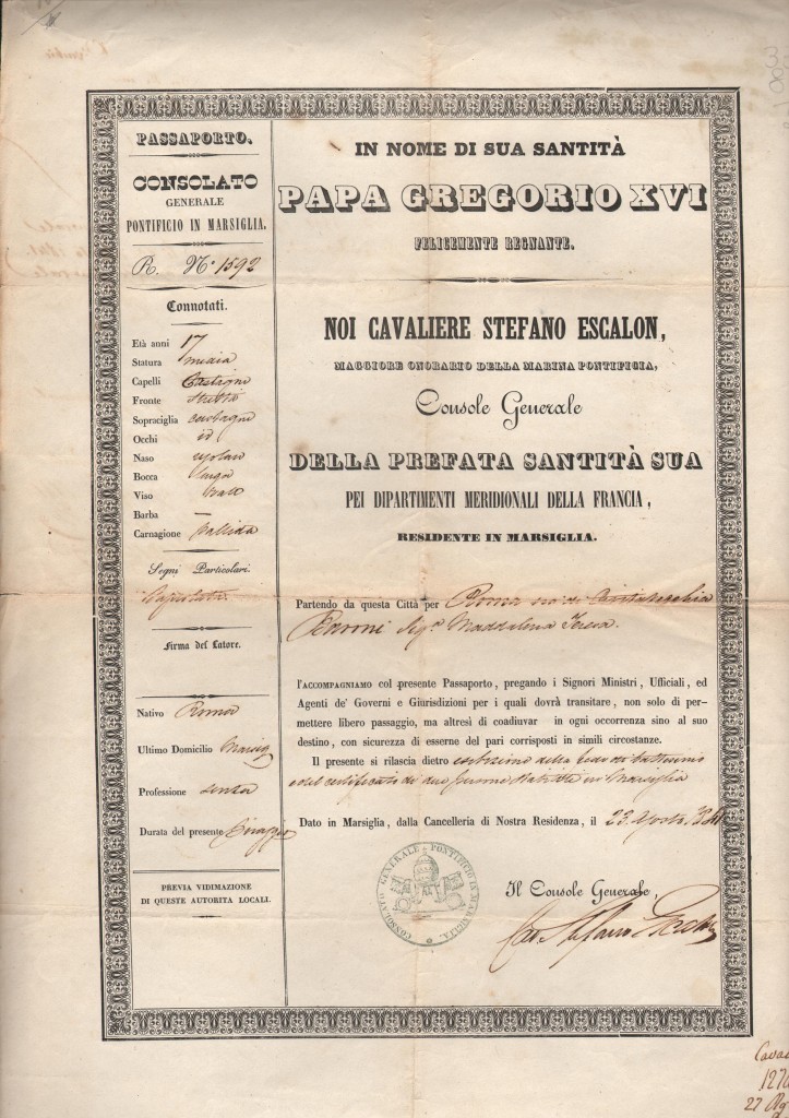1841 Noi Cavaliere Stefano Escalon Dato in Consolato di Marsiglia