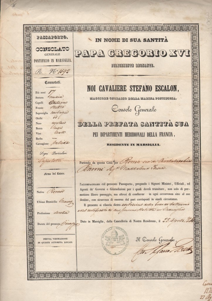 1841 Noi Cavaliere Stefano Escalon Dato in Consolato di Marsiglia