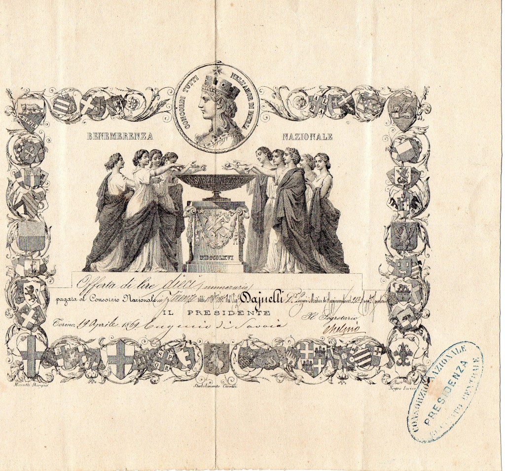 1867 FIRENZE DAL 10 Benemerenza Nazionale Torino a firma di Eugenio di Savoia Modulo A4