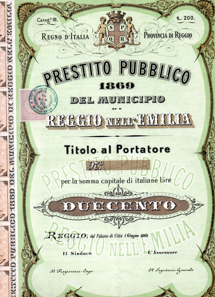 1869 Prestito Pubblico Comune di Reggio Emilia