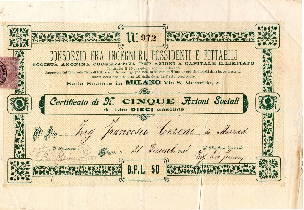 1898 Consorzio fra gli Ingegnieri Fittabili e Possidenti Titolo da 5xl, 10