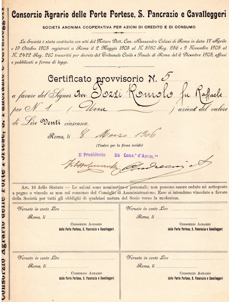 1906 Consorzio Agrario delle Porte Portese,San Pancrazio e Cavalleggeri Roma