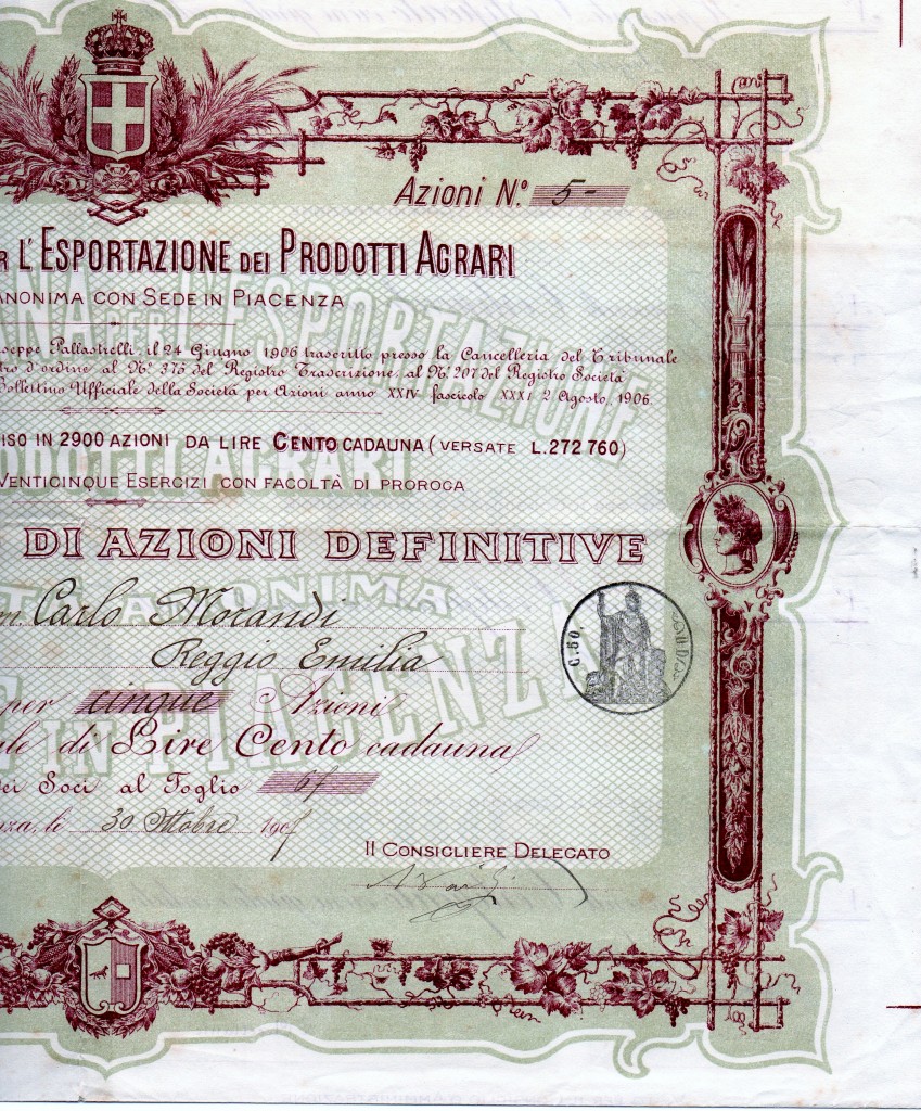 1907 Unione italiana per l'esportazione dei Prodotti Agrari Piacenza da l.100