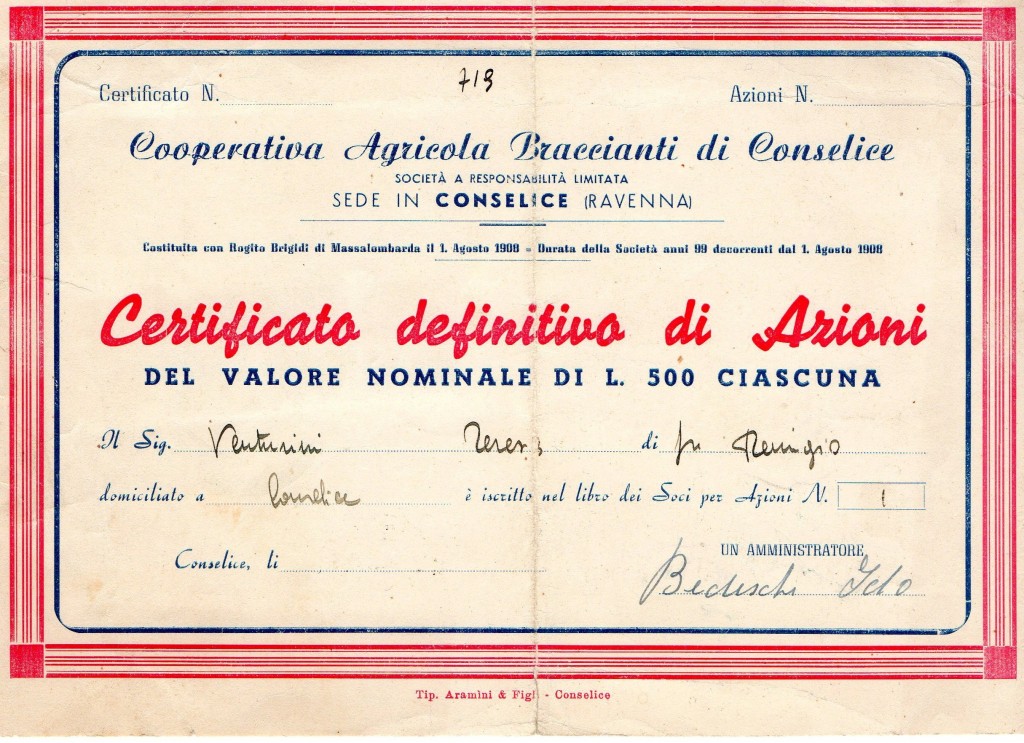 1908 Coperativa Agricola Braccianti di Conselice Ravenna