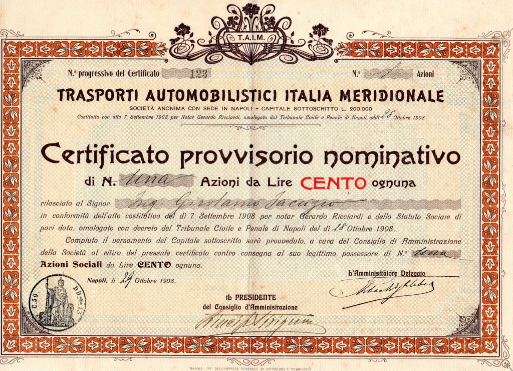 1908 Trasporti Automobilistici Italia Meridionale Napoli tit. provv.