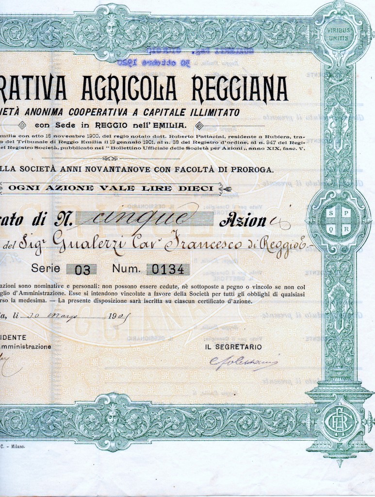 1909 Coop Agricola Reggiana da 5 az--Off,Carte Valori C.Rebescini e C.Milano