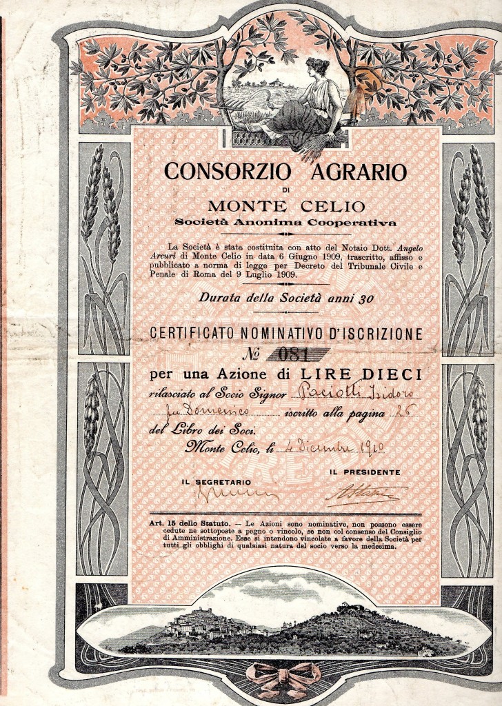 1910 Consorzio Agrario di Monte Celio Roma tit. da l.10