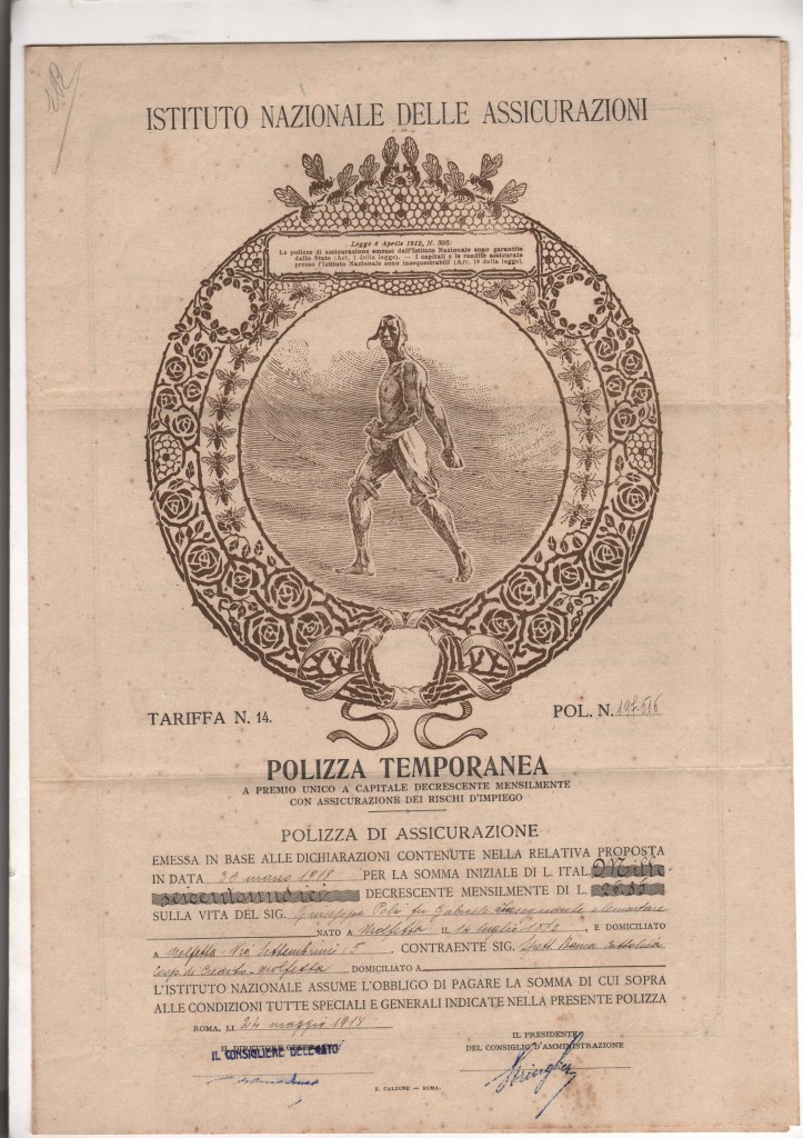 1918 Polizza '' Temporanea '' Petroni A3 da 1611 ril a Roma