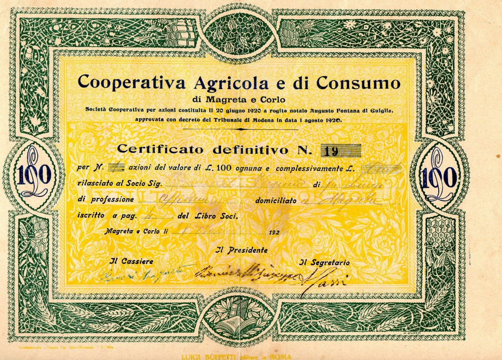 1920 Cooperativa Agricola e di Consumo di Caorlo e Magreta Modena Tip. Grottaferrata Scuole Tito Italo-Orientale San Nilo