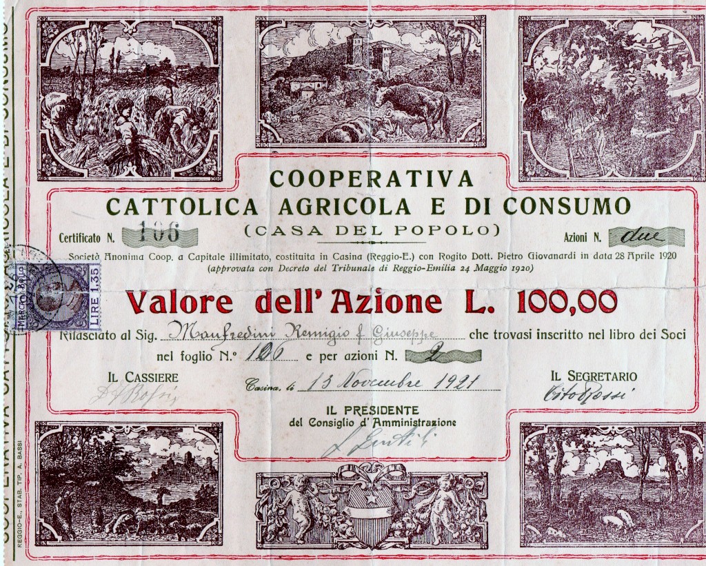 1921 Coop Cattolica Agricolae di Consumo di Casina Reggio Emilia l.100 Tip.A.Bassi Reggio Emilia