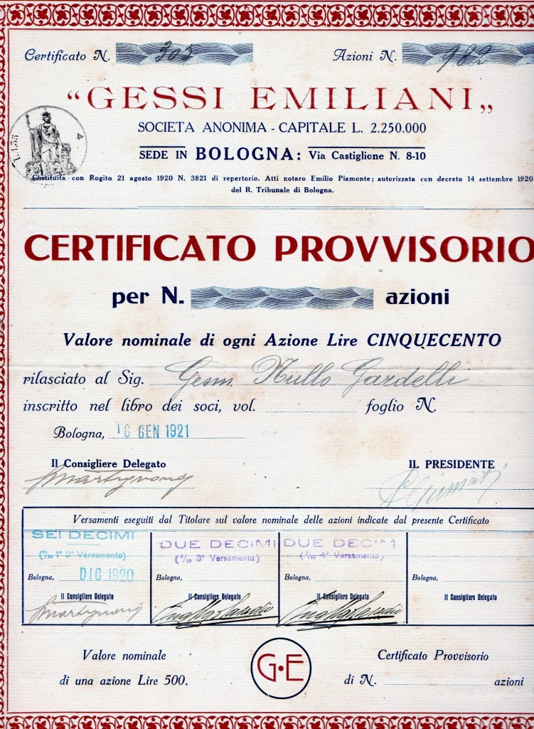 Gessi Emiliani Bologna az da 500 lire Bologna 1921