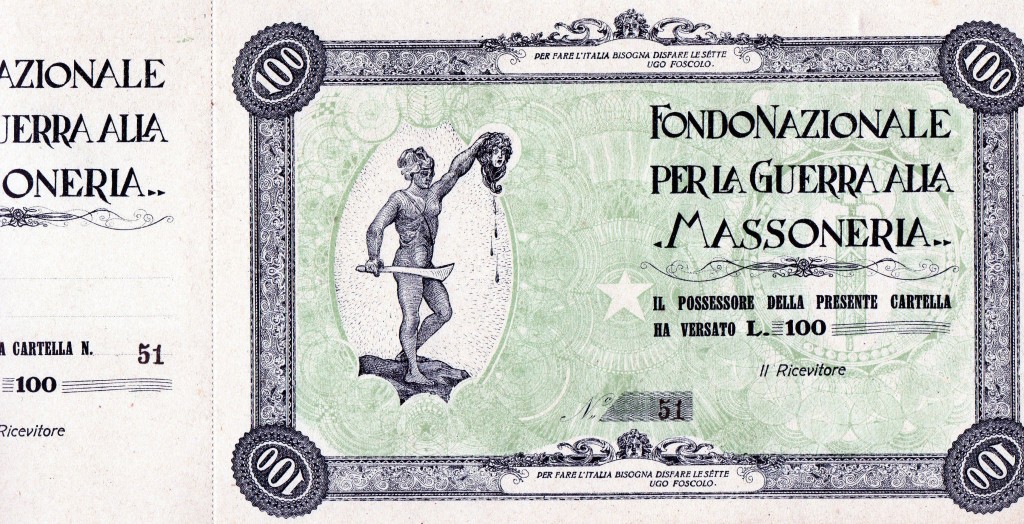 1922 Fondo Nazionale prr la Guerra alla Massoneria titolo da 100