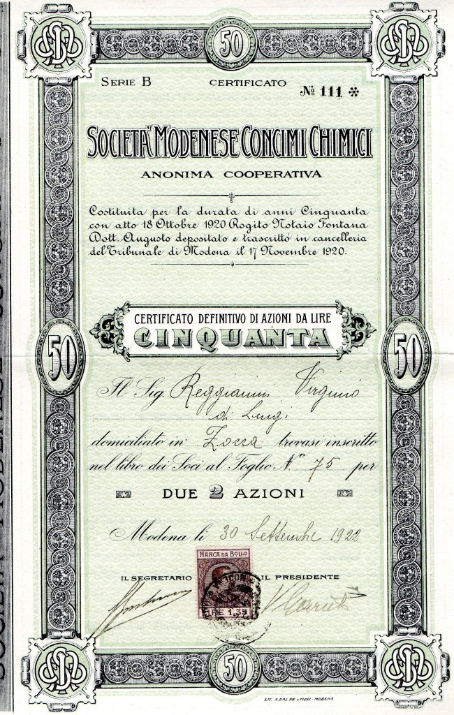1922 Societa' Modenese dei Prodotti Chimici Modena Lit.Dal re' e Figli Modena