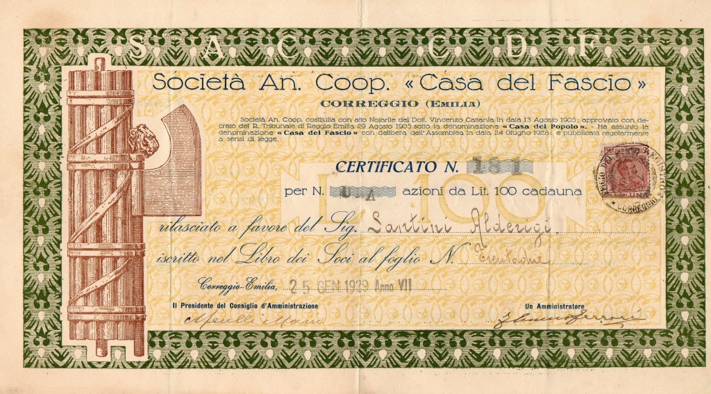 Soc, An.Coop.CASA DEL FASCIO Correggio Emilia 1939