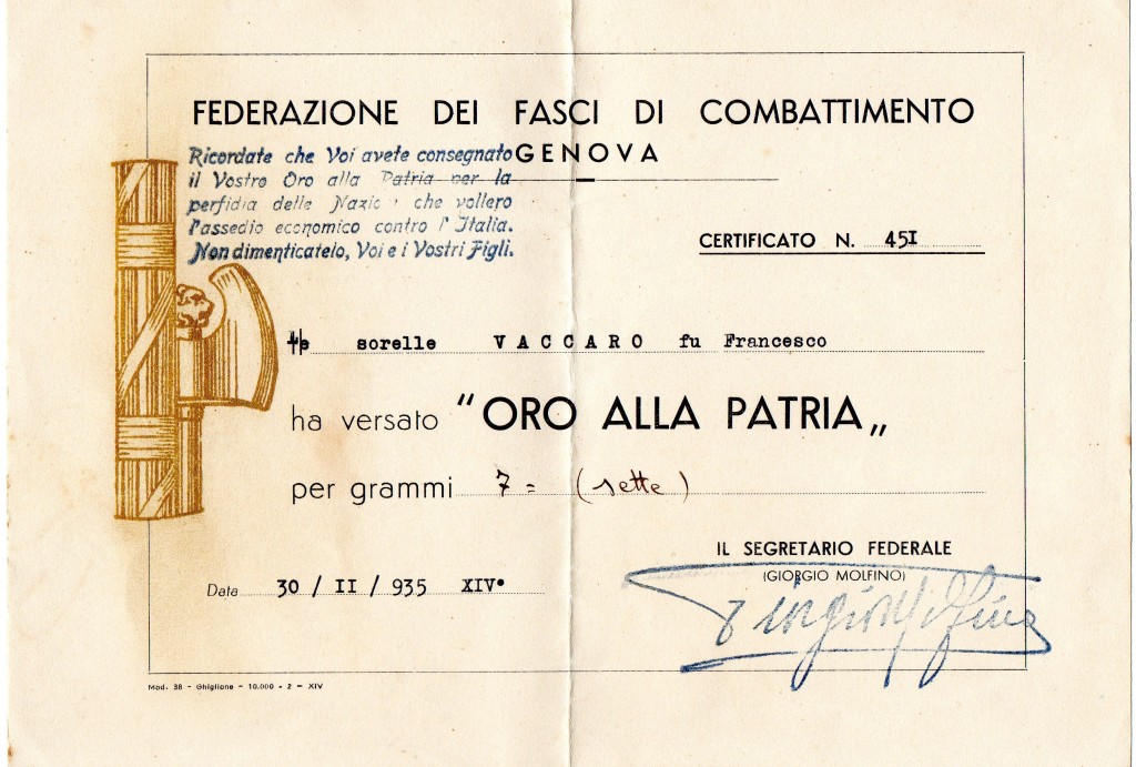 1935-Offerta Oro Alla Patria-''Federazione dei Fasci Di Combattimento di Genova