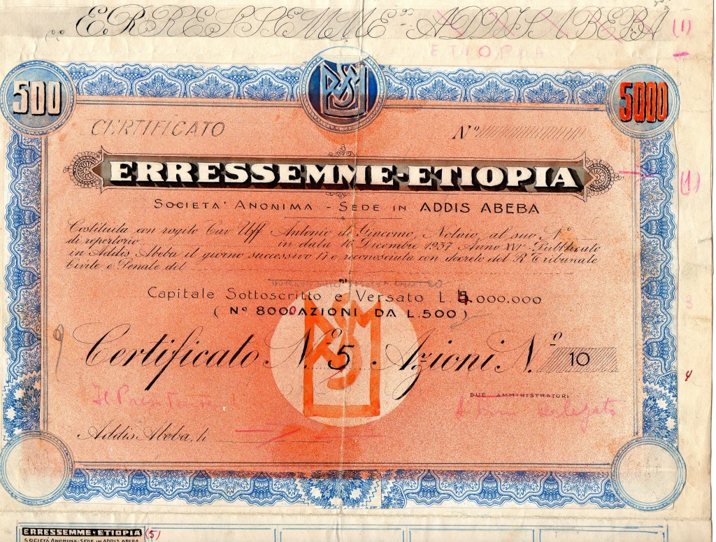 1937 Erressemme Etiopia Addis Abeba l. 5000 Campione Unico Colonialismo