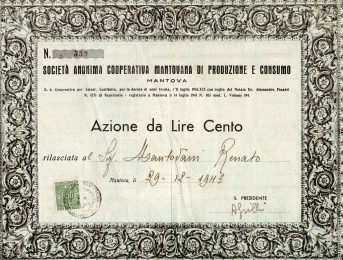 Soc.An.Coop. Mantovana di produzione e consumo az da 100 lire Mantova 1943