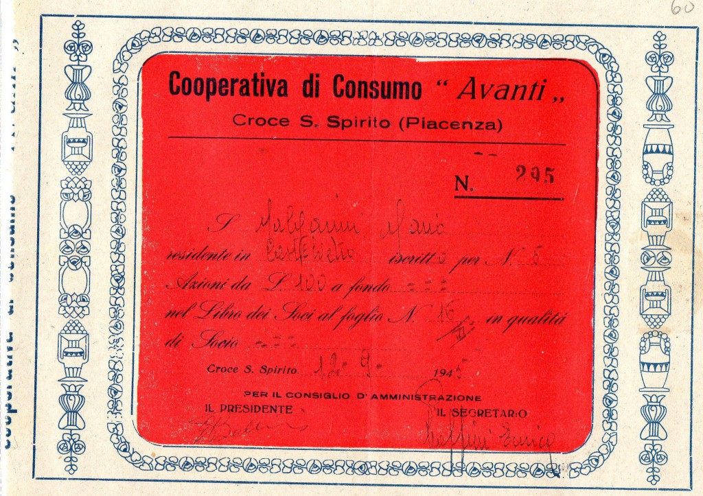 1945 Coop.di Consumo'' Avanti'' Croce Santo Spirito Piacenza