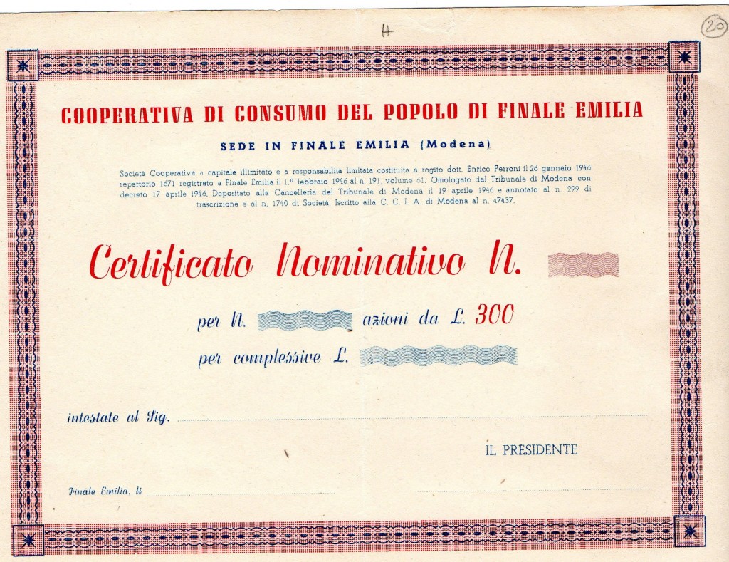 1946 Coop di Consumo di Finale Emilia dal.300 Finale Emilia Modena