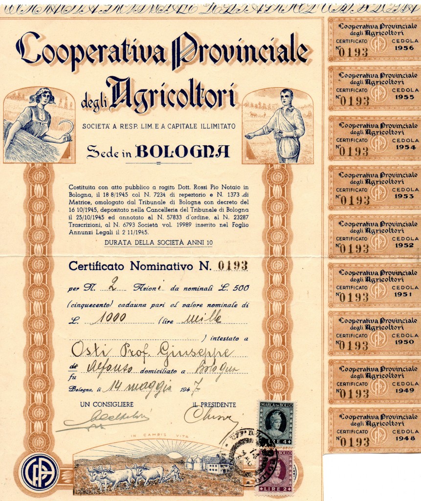 Cooperativa Provinciale degli Agricoltori 2 azda 500 lire Bologna 1947