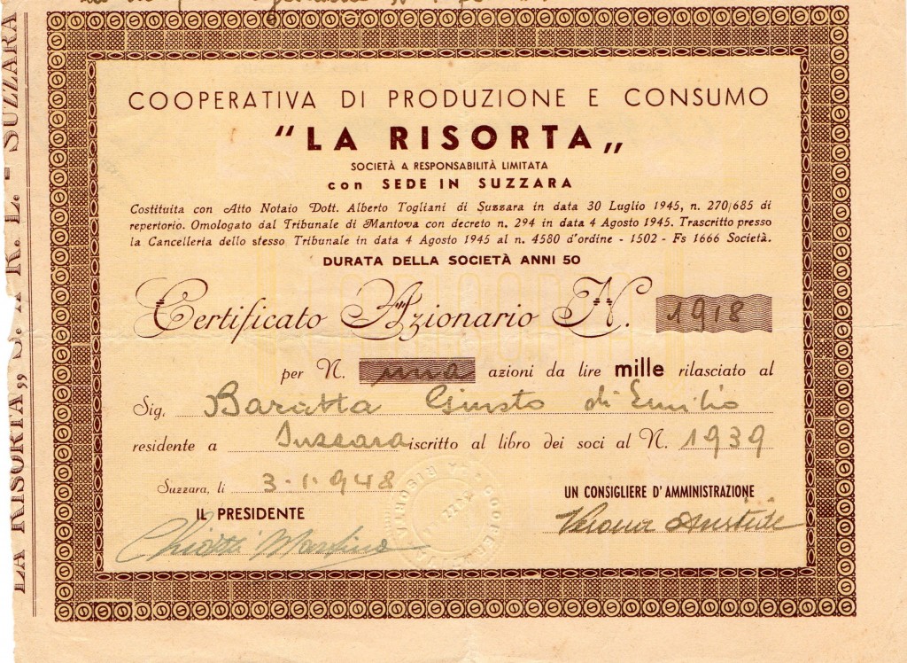 La Risorta Coop. Prod. sede in Suzzara.... Suzzara 1948