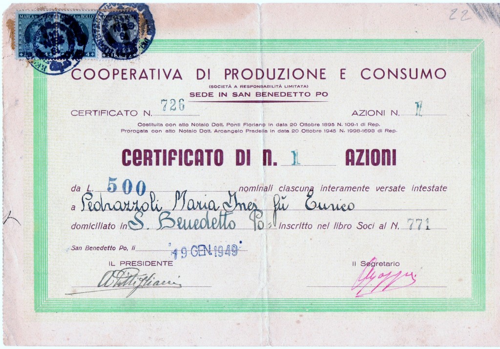 Coop.di Produzione e Consumo da 500 lire San Benedetto Mantova 1949