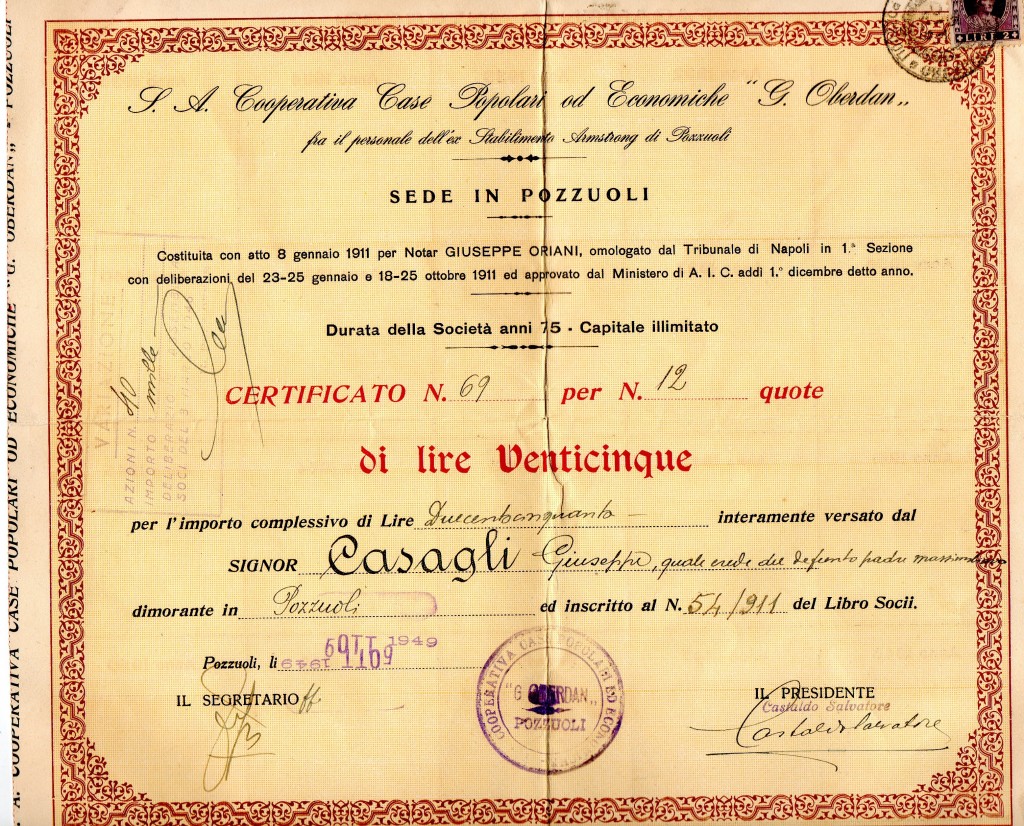 1949 S.A.cooperativa Case Popolari Economiche G.Oberdan Pozzuoli Napoli