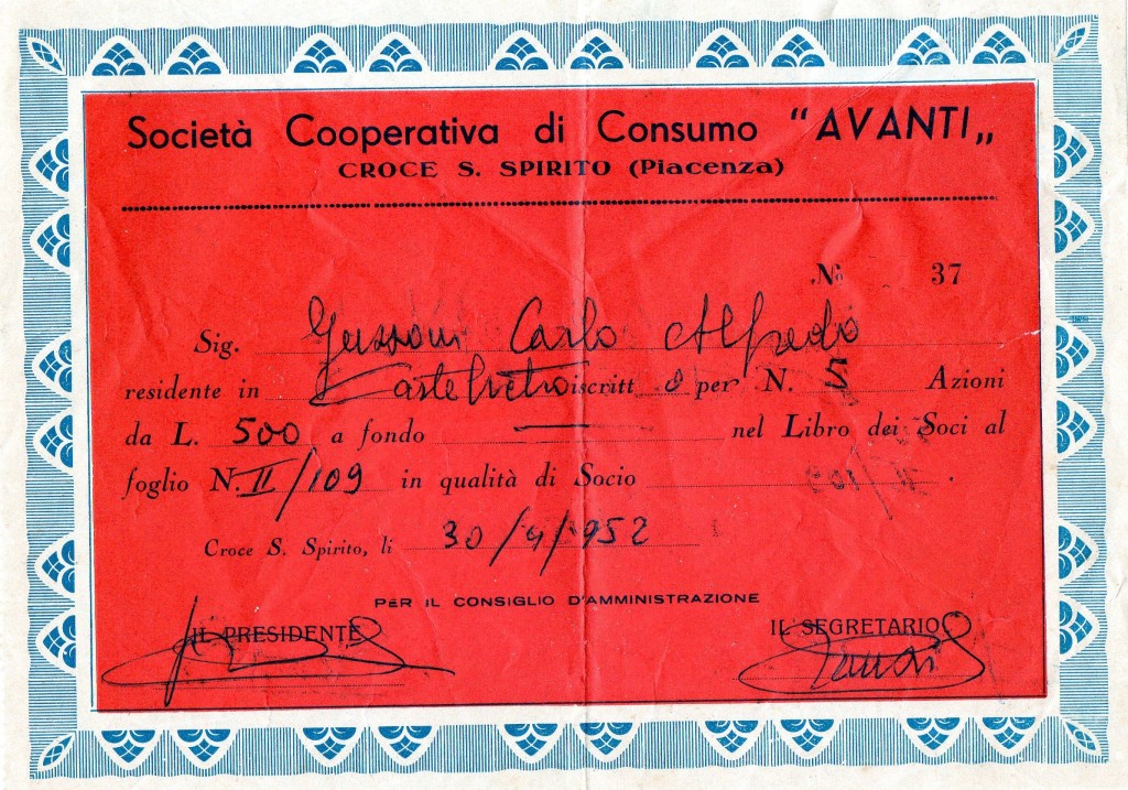 1951 Soc. Coop. Coop.di Consumo'' Avanti'' Croce Santo Spirito Piacenza