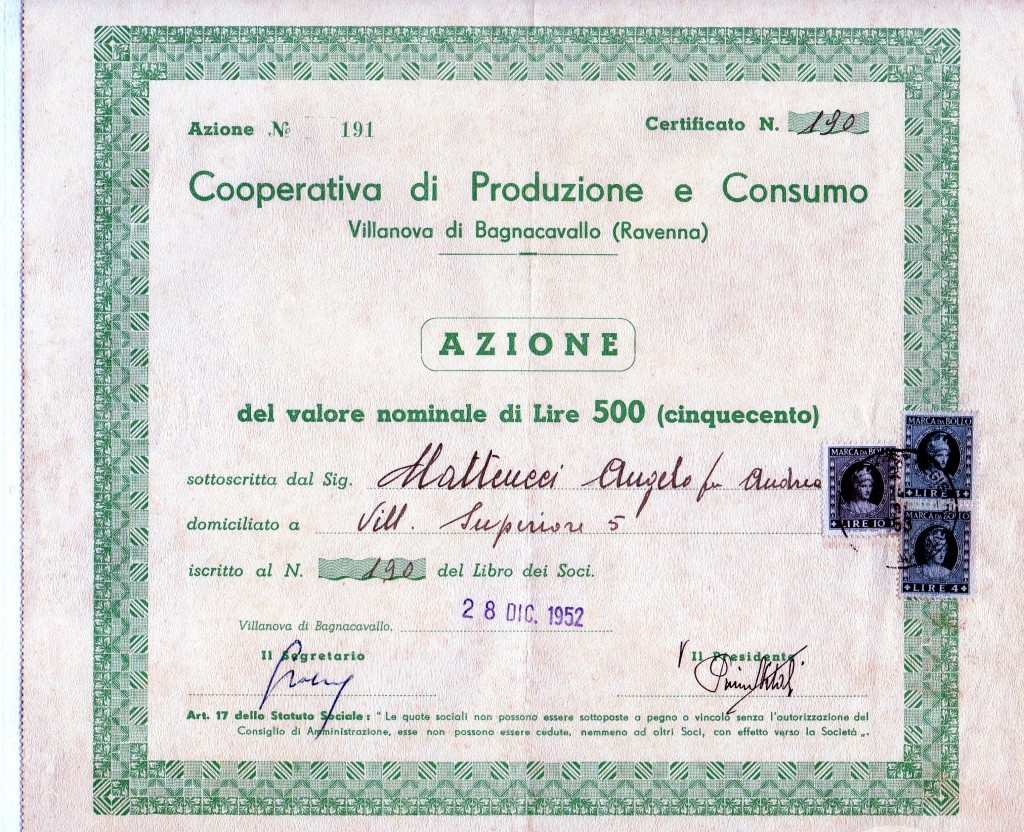 1952 Coop di Produzione e Consumo di Villanova di Bagnacavallo Ravenna