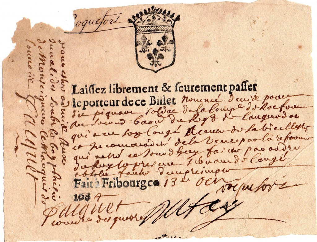 1680 Laissez Passer x uscire dalla citta' di Roquefort Friburgo