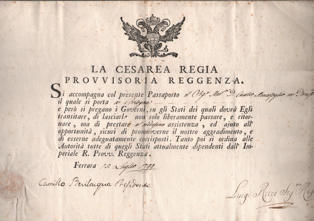 1799 ril al Marchese Don Emilio Menafoglio di Modena X Bologna dato a Ferrara