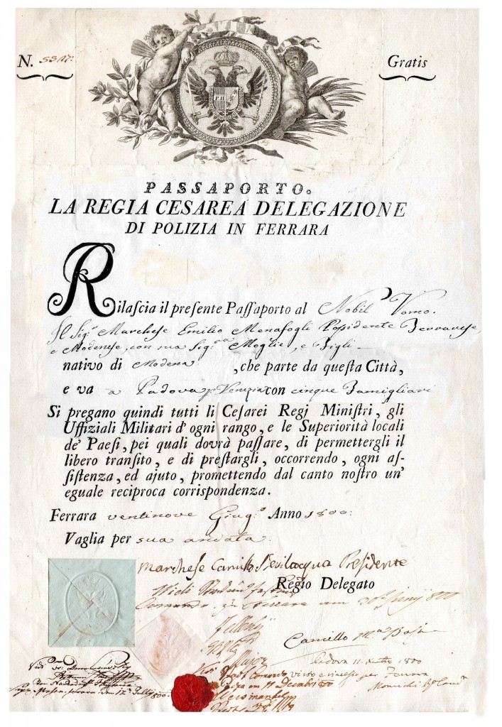 1800-Ferrara Passport La Regia Cesarea Delegazione Della Poliziadi Ferrara ril al Marchese Emilio Menafoglixandare a Padova