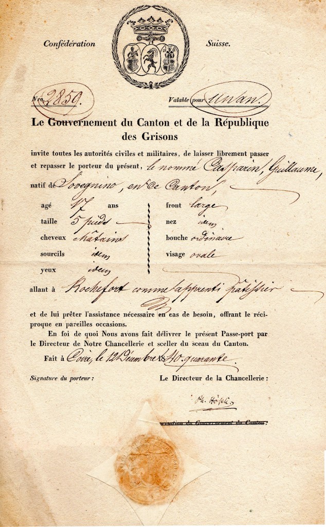 1840 Coira Suisse Passport Confederazione Svizzera.Cantone dei Grigioni