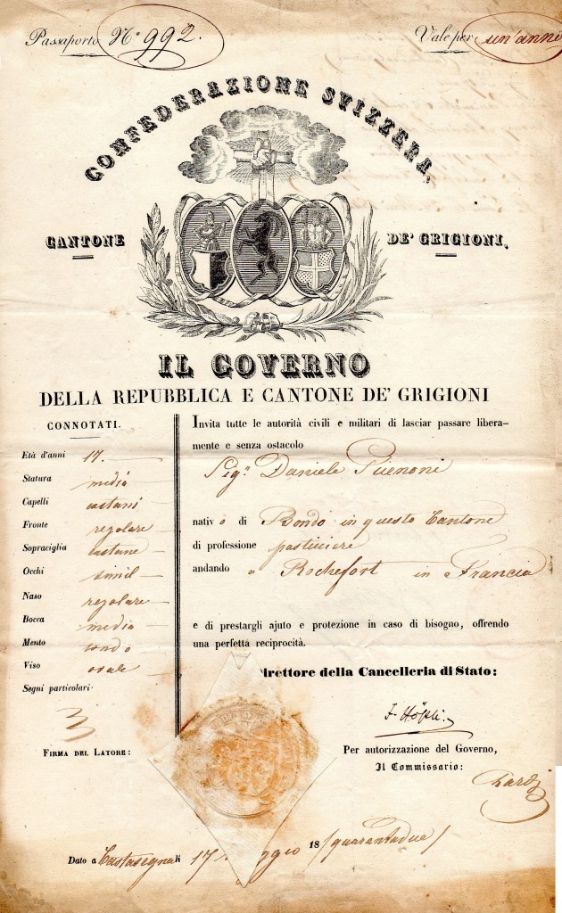 1842 Castamagna Passport Confederazione Svizzera (Cantone dei Grigioni)