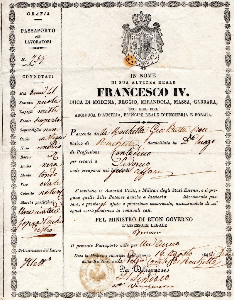 1842 -''Passport Francesco IV''Modena per lavoratore